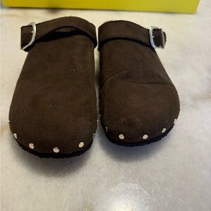 Brown Suede Studded Clog Mules